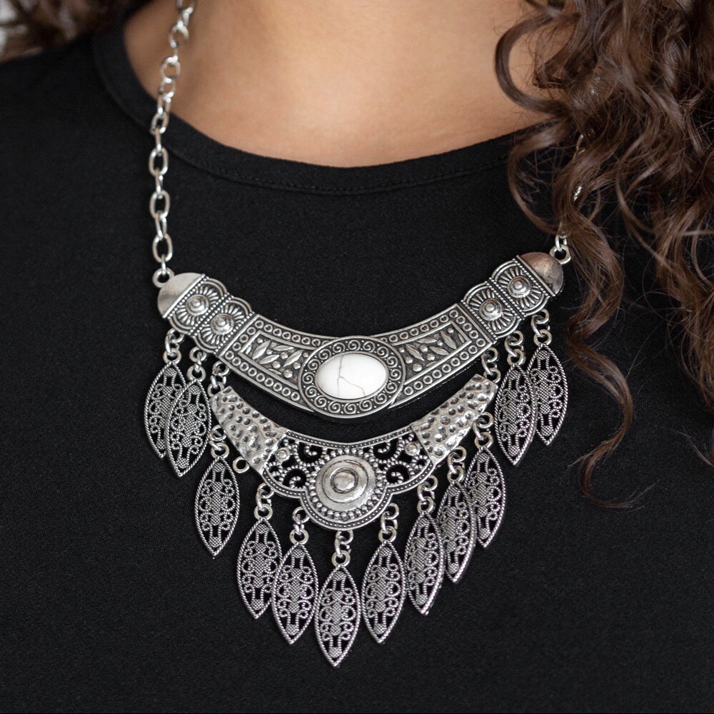 Boho white stone and metal fringe necklace set.